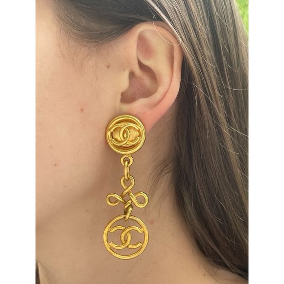 Chanel Gold Tone CC Logo Drop Clip On Earrings